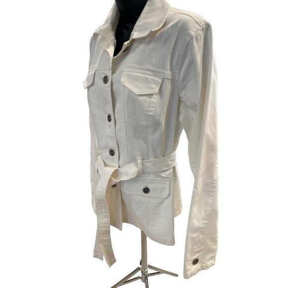 French Cuff White Belted Stretch Denim Buttoned Jacket Sz L - Picture 4 of 10